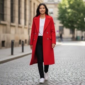 Lands' End Women's 10 Double Breasted Long Red Coat Wool /Cashmere Button Front